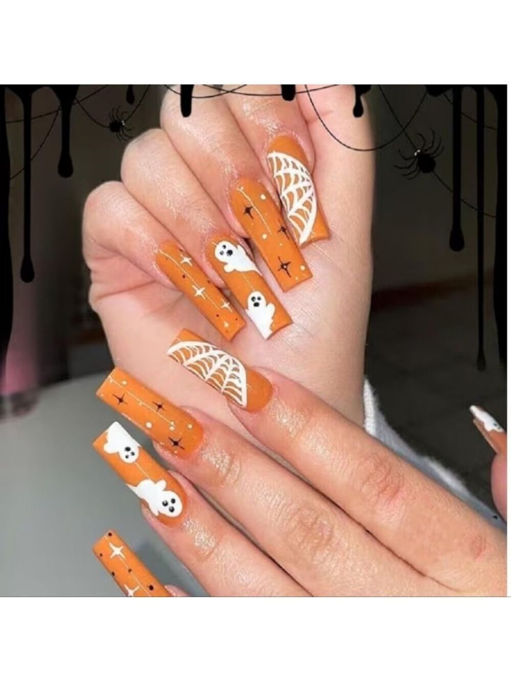 2/$10 Halloween Orange Ghost & Spiderweb False Nail Set